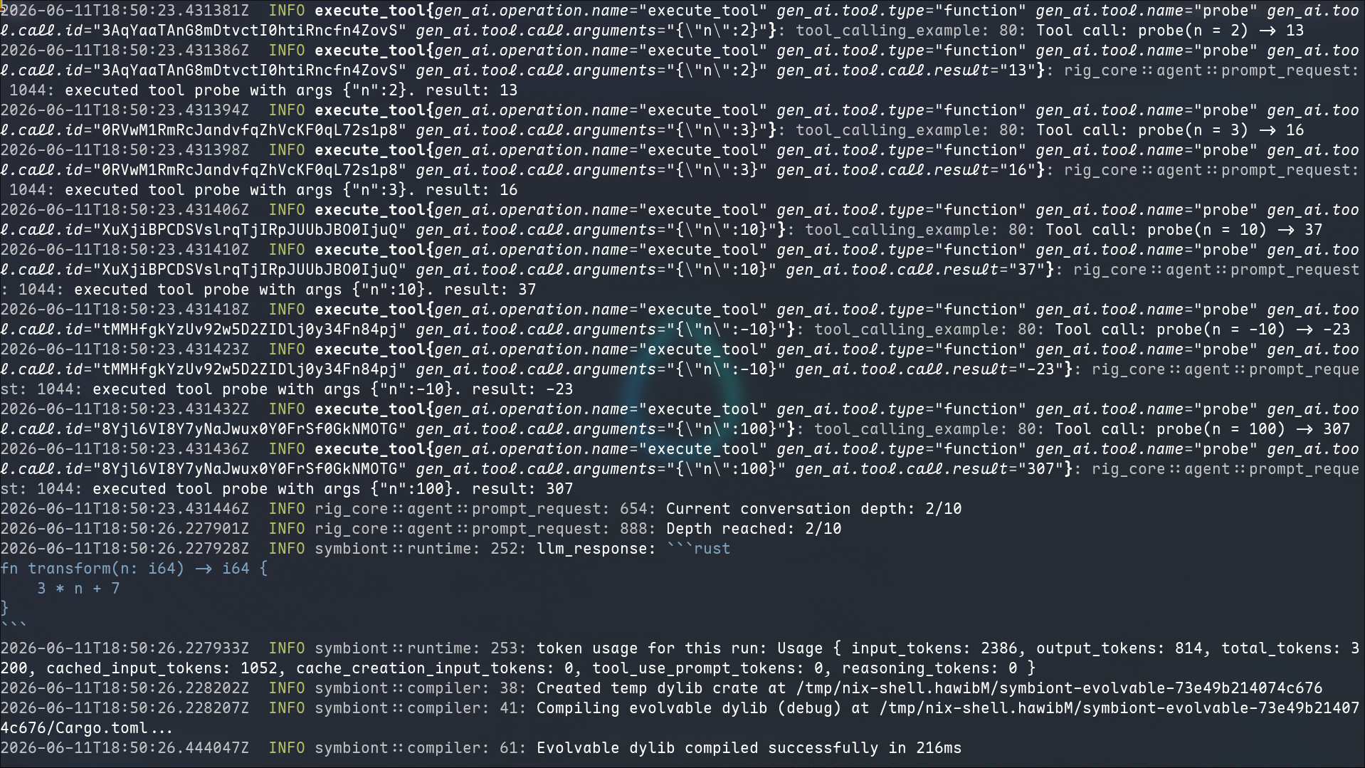 Tool-calling example log showing probe calls
